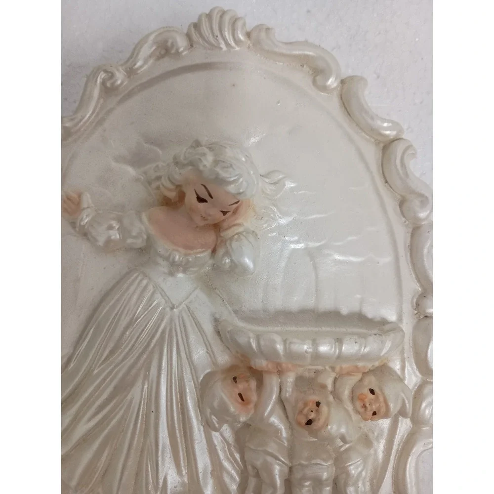 VTG Chalkware Pearlized 3D Wall Plaque Girl Cherubs & Deer Mid Century Modern